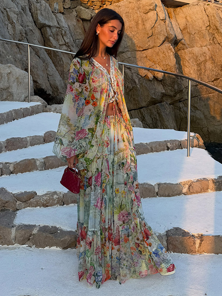 Summer Vacation Clothing Women - Beach Bohemian Floral Matching Set V