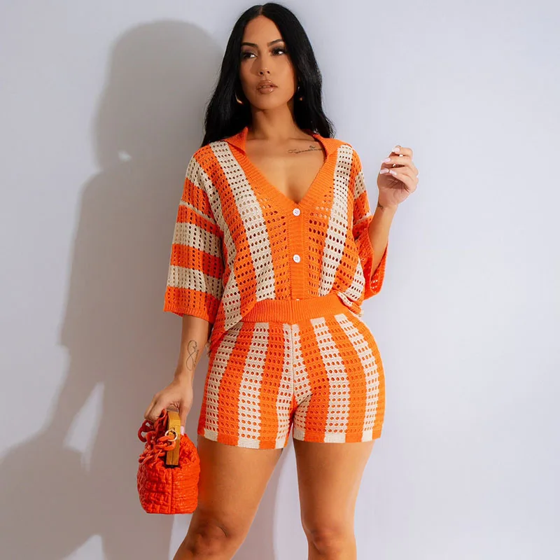 Summer Vacation Clothing Women - Striped Knitted 2 Piece Sets Women