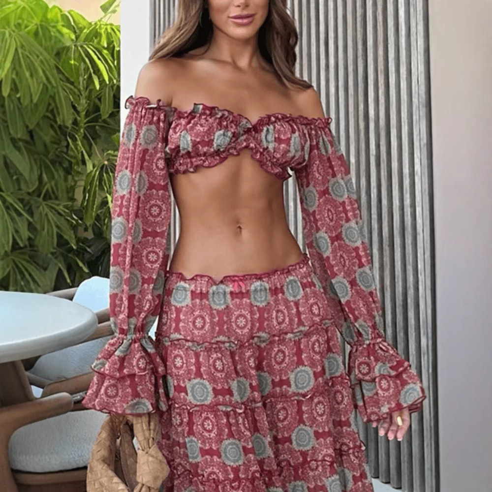 Vintage Print Skirt Two Piece  - đánh giá và giá Summer Vacation Clothing Women